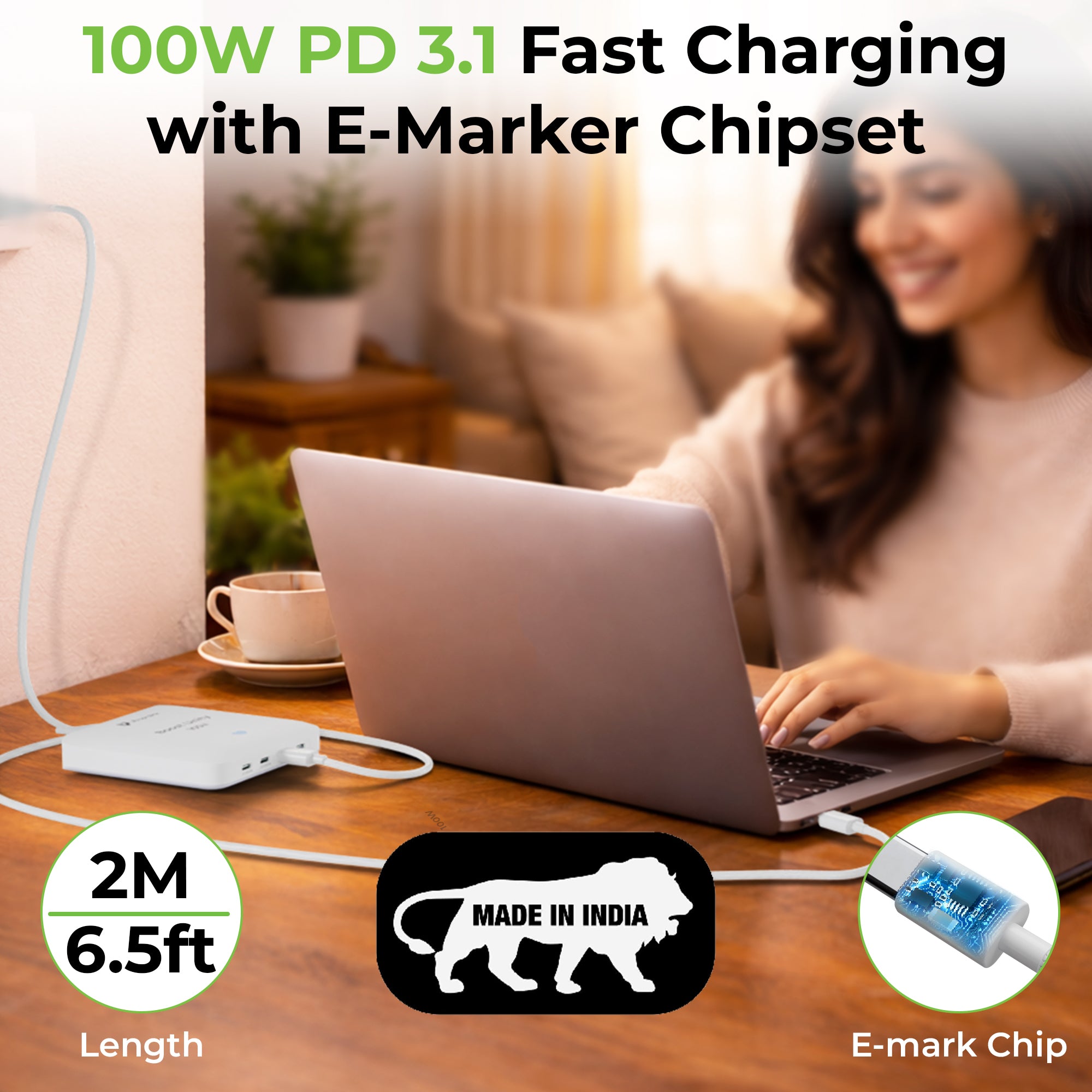 UltraProlink | Zap+ 100W USB C-C PD3.1 Cable with E-Mark | UL1228WHT-0200
