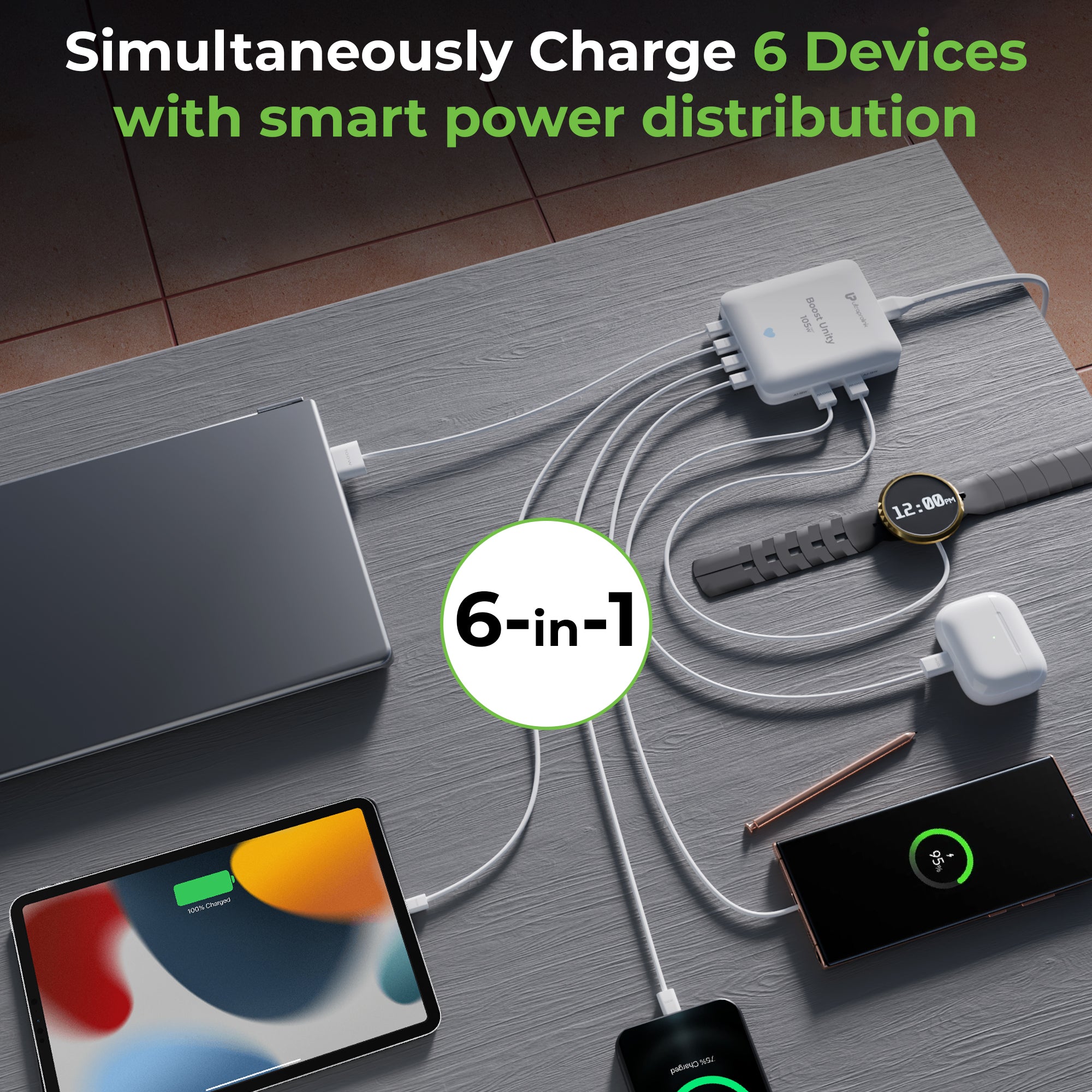 6-in-1 charging station with multiple devices on a wooden surface