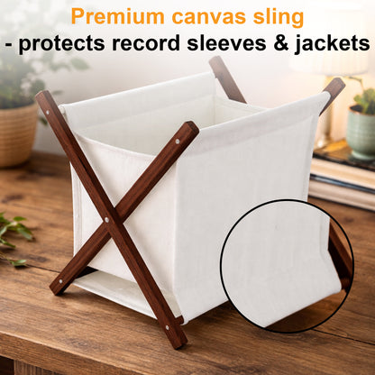 vinyl record storage crate for 30 LPs foldable canvas wood design