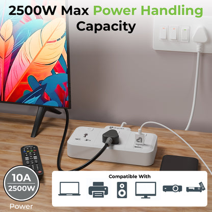 Power strip with multiple outlets and USB ports on a wooden surface, with a TV and remote control in the background.