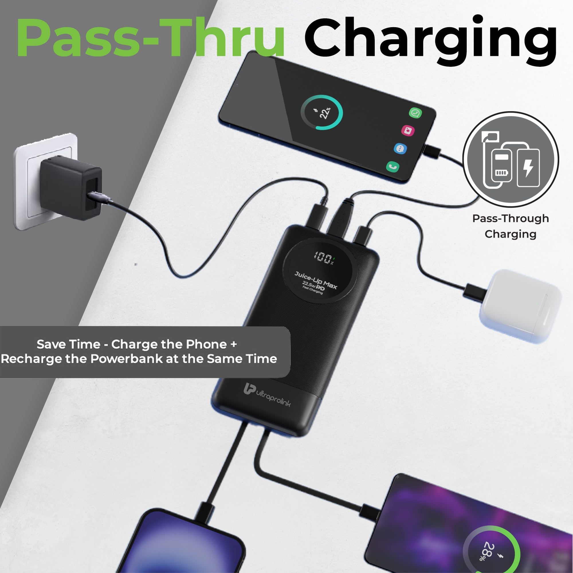 Juice-Up Max | 10000mah | Slim & compact Power Bank with Type C & iPhone Cable | UM1330