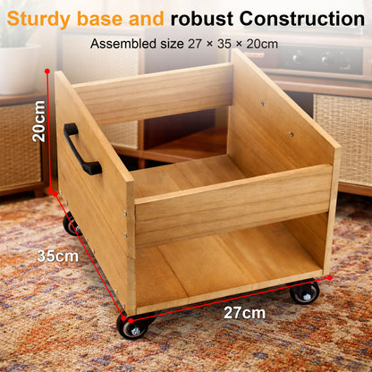 Wooden music record storage organizer with rolling wheels