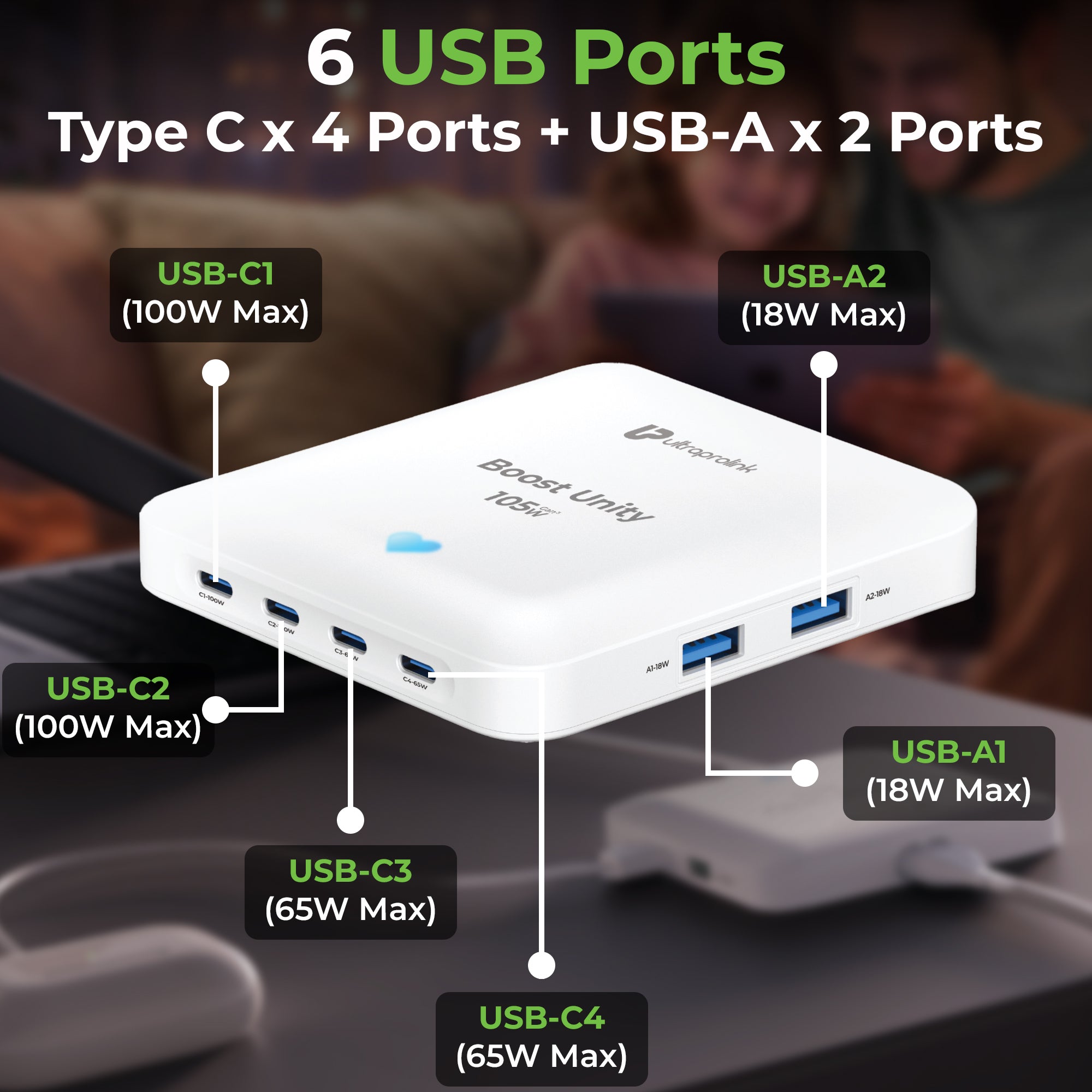 USB hub with multiple ports labeled, including USB-C and USB-A types, on a blurred background.