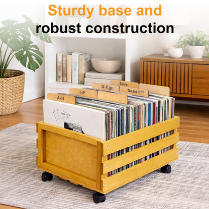 Mobile vinyl record storage box with wooden finish and wheels