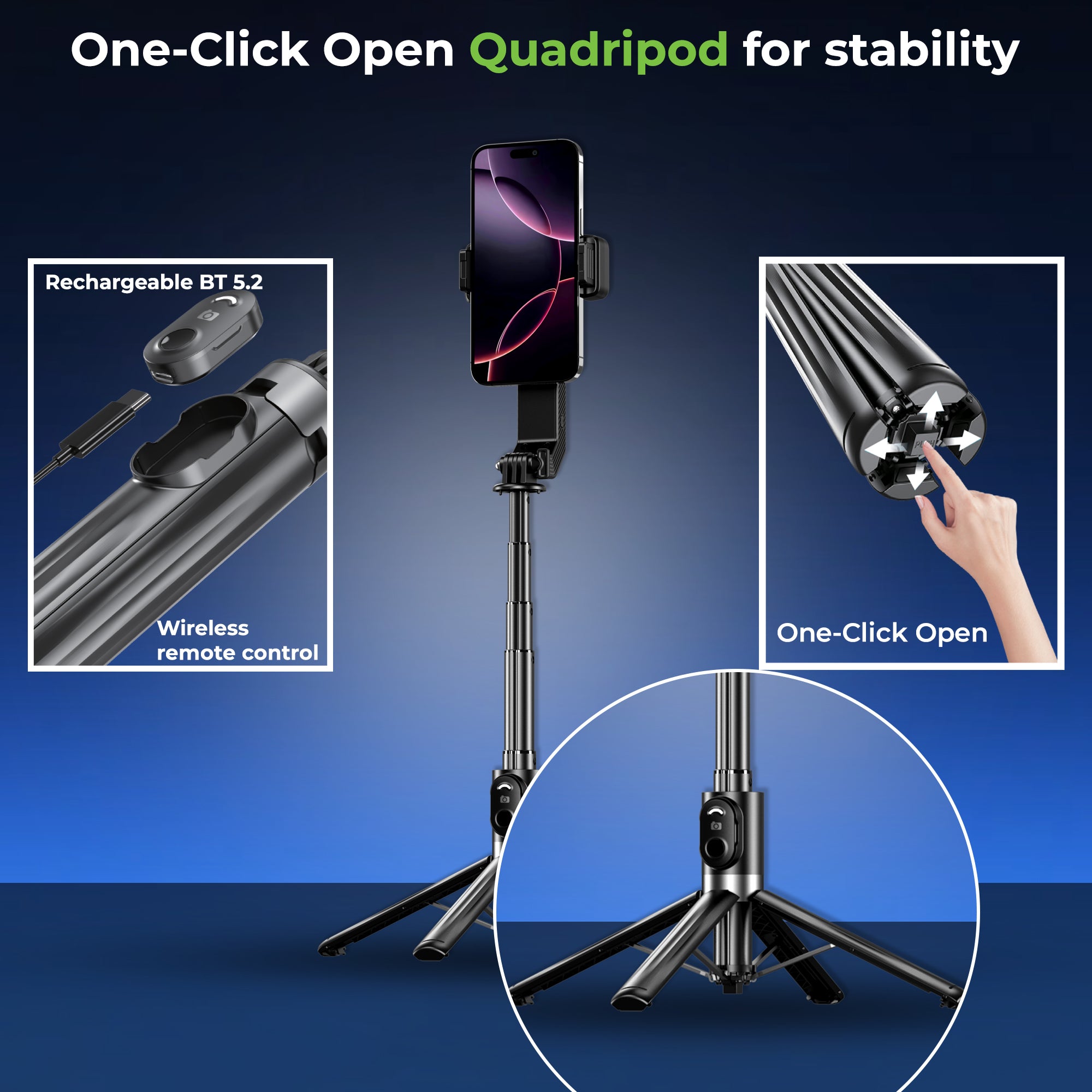 Snap-Z Pro 3in1 Gimbal-Selfie Stick & Extendible Quadripod UM1233