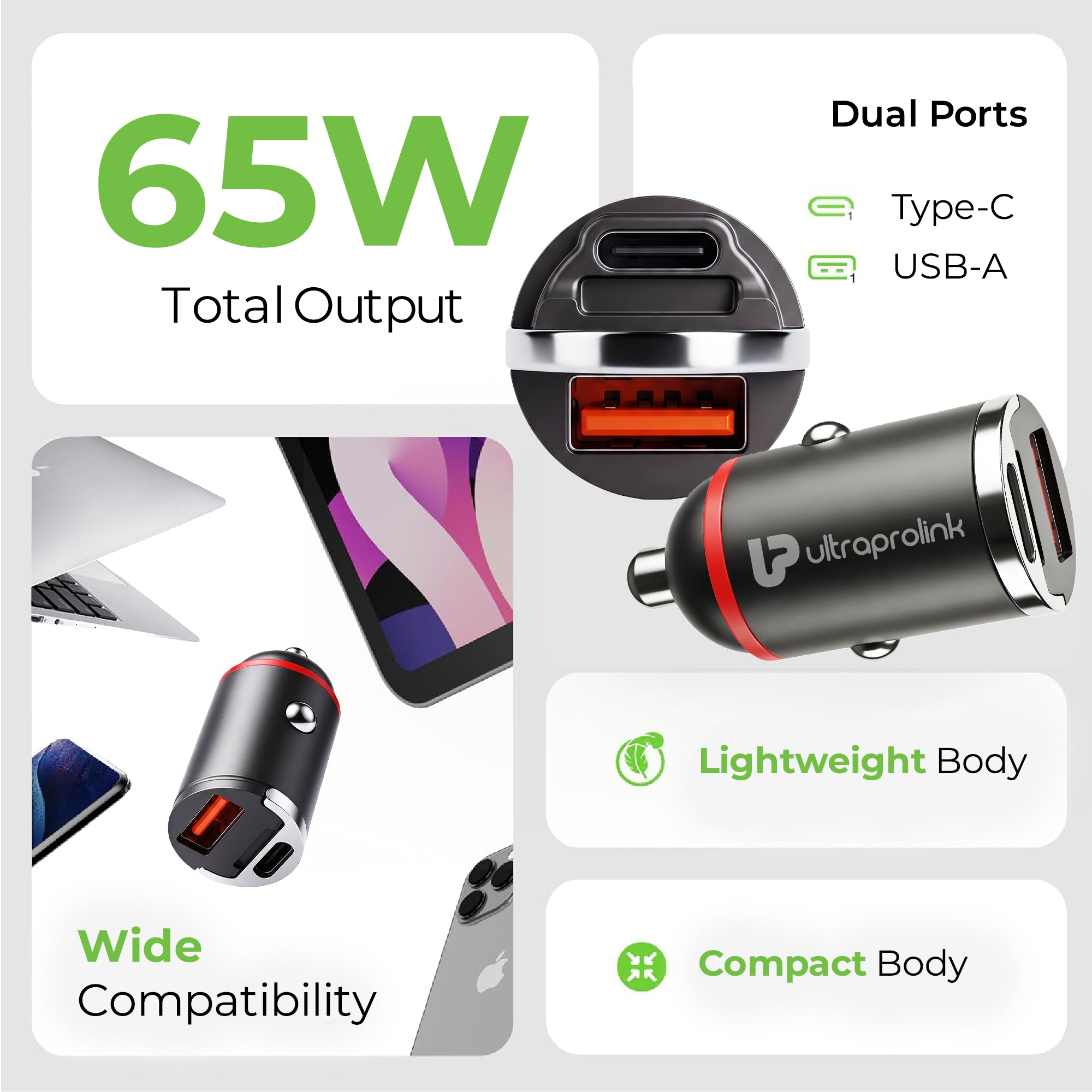 Mach 65 | 65W Micro Car Charger | USB-C PD 65W + USB-A QC 3.0 18W  | UM1282