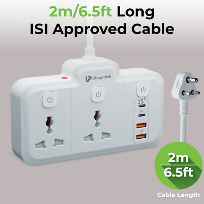 White power strip with multiple outlets and USB ports, featuring ISI approval text.