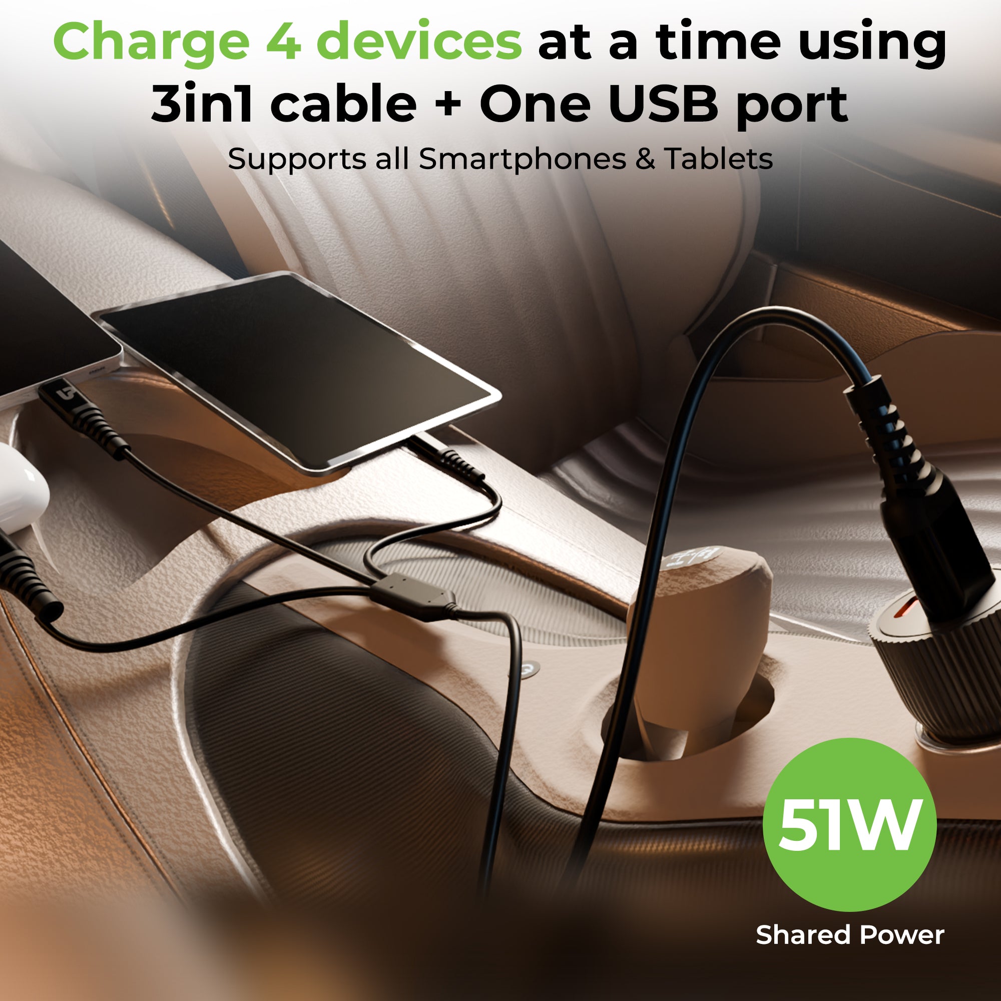 Mach Trio-Link | 51W Dual Port Fast Car Charger with 3-in-1 Cable | UM1270