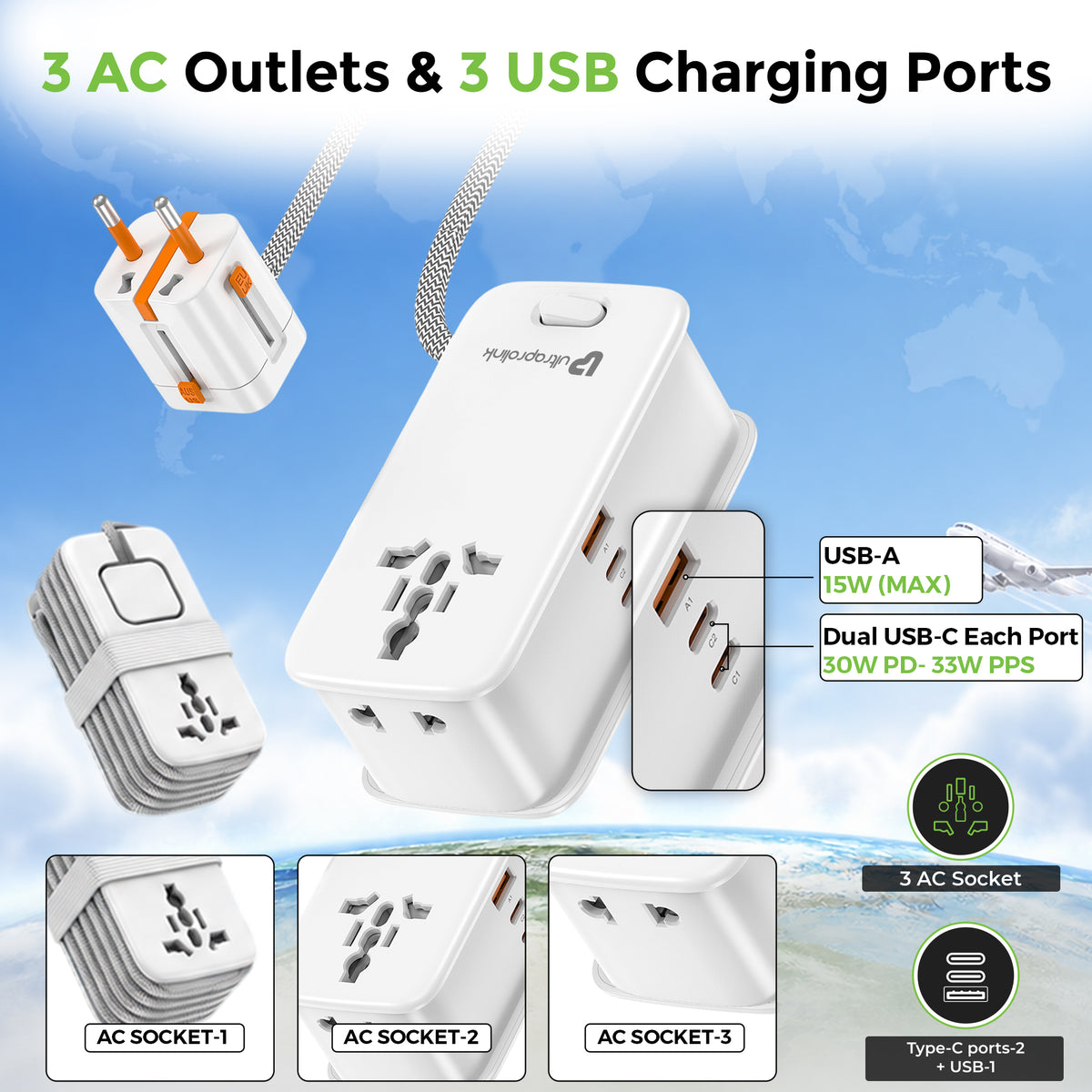 Travel Mate Pro 33 | World Travel Adapter & Power Strip | 33W GaN PD-PPS Charger | UM1183