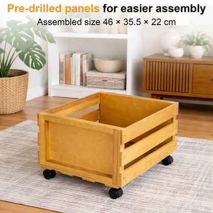 Wooden record crate for 12 inch LPs with smooth rolling wheels