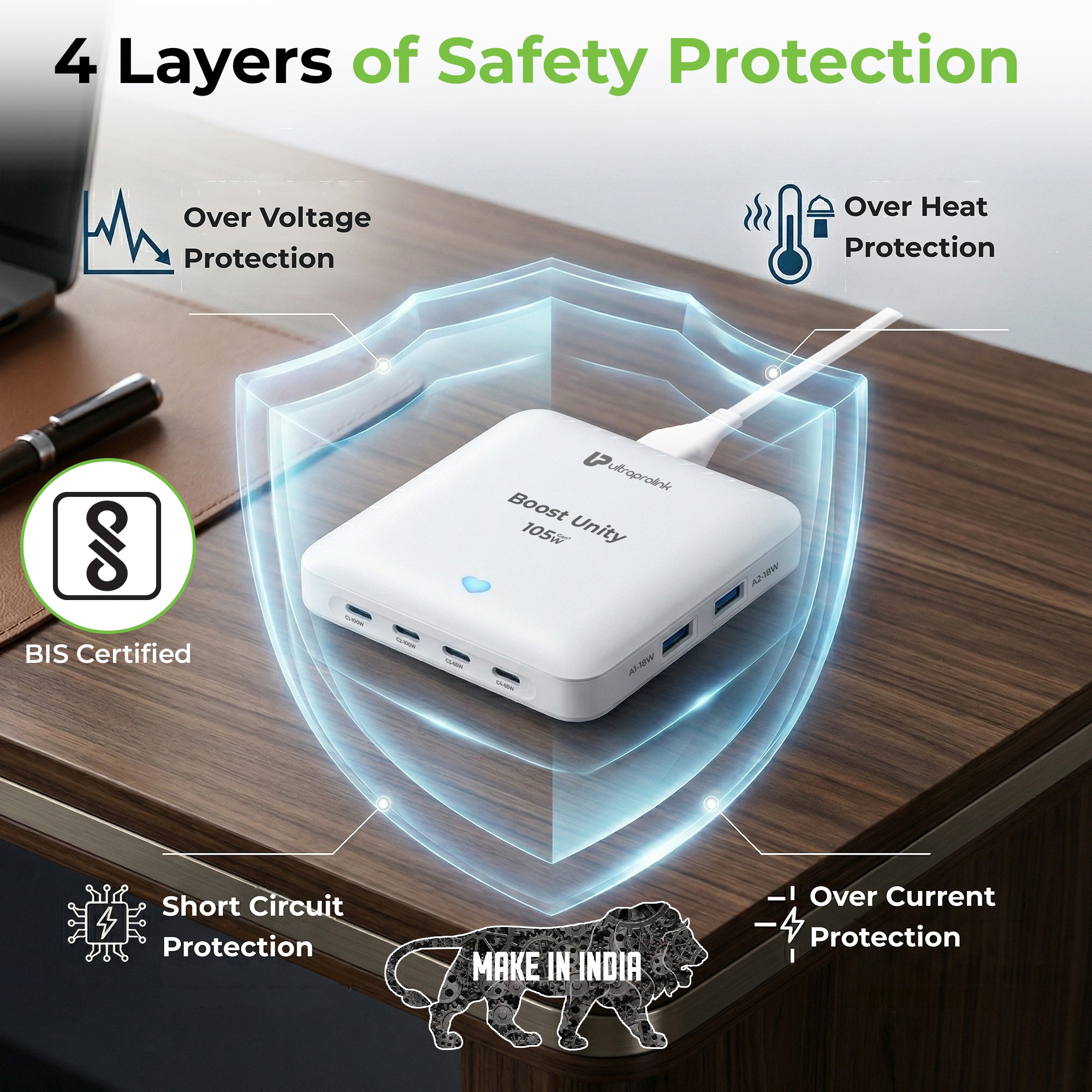 White electronic device on a wooden surface with safety protection features illustrated.
