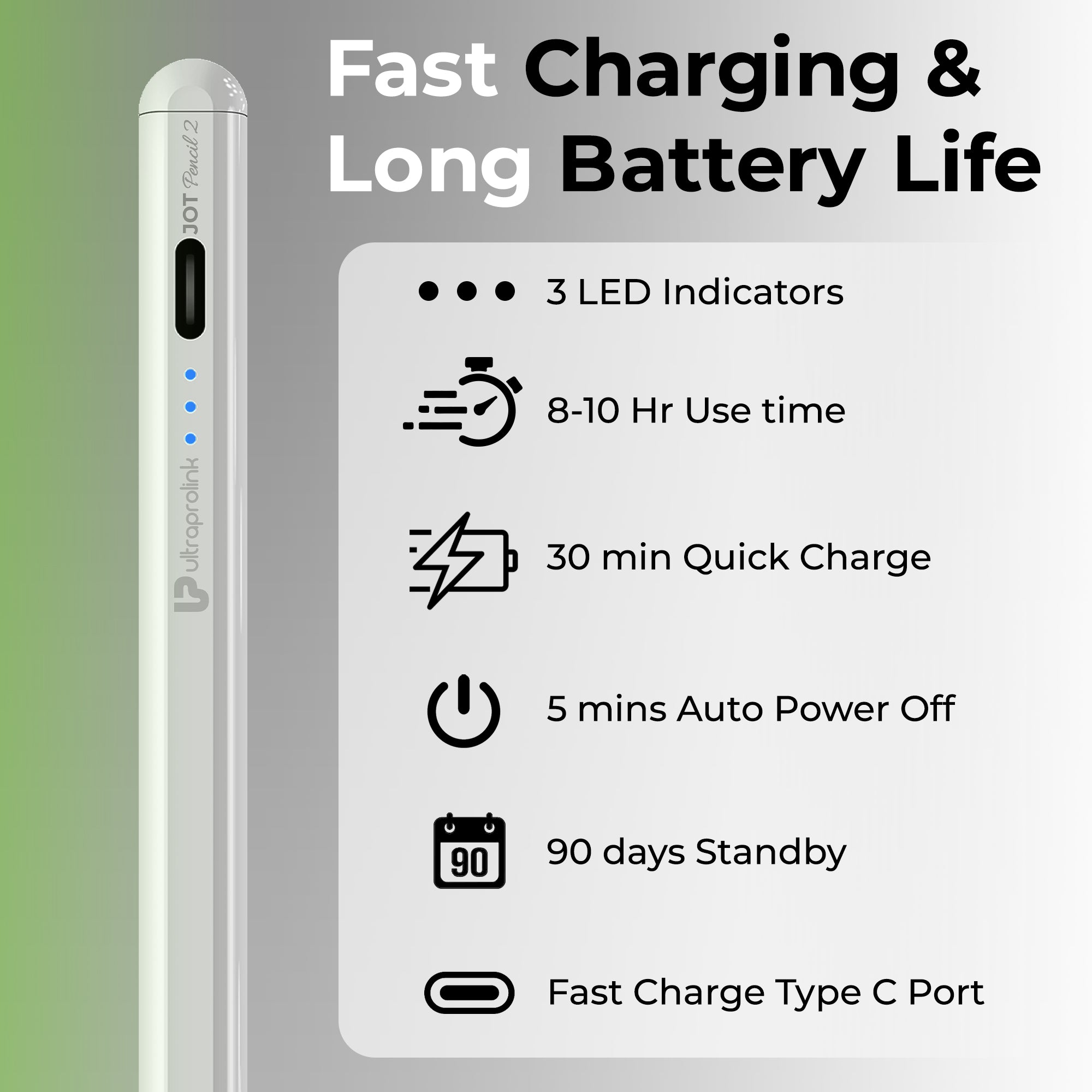 JOT Pencil Stylus Pen For Ipad, Android Tablets & Mobiles| Palm Rejection For Ipad| Magnetic|10Hr Use|Fast Charging|For Ios & Android Touchscreens|Led Indicator|3 Nibs,White UM1238