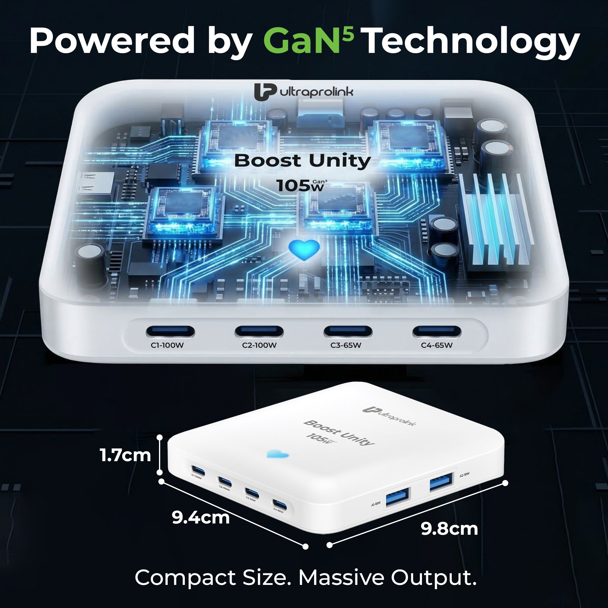 Ultralink Boost Unity power adapter with GaN5 technology on a dark background