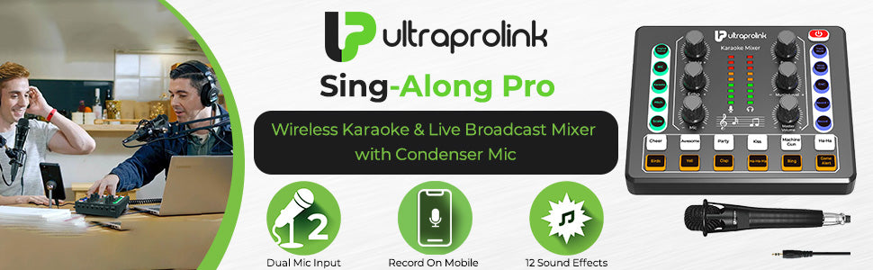 Sing Along Pro Portable Wireless Karaoke & Live Broadcast Mixer with Condenser Mic & Recording UM1002PRO