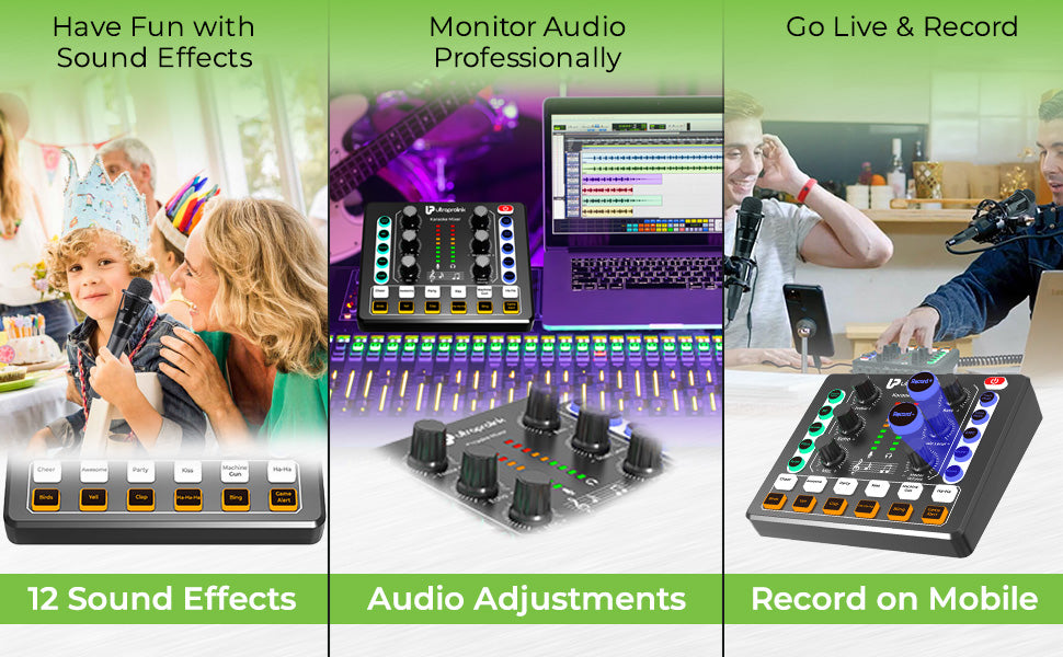 Sing Along Pro Portable Wireless Karaoke & Live Broadcast Mixer with Condenser Mic & Recording UM1002PRO