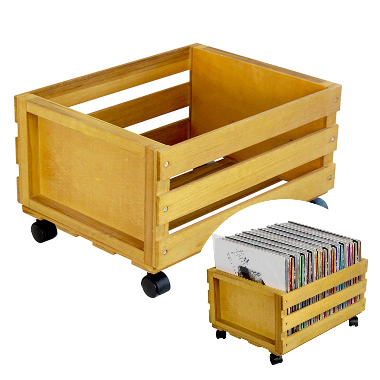 Wooden 12″ LP Vinyl Record Storage Crate on Wheels GK1259CDR