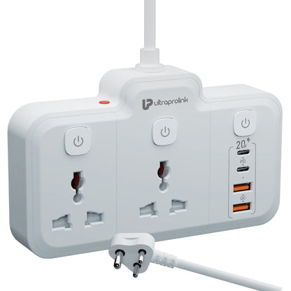 White power strip with multiple outlets and USB ports on a white background