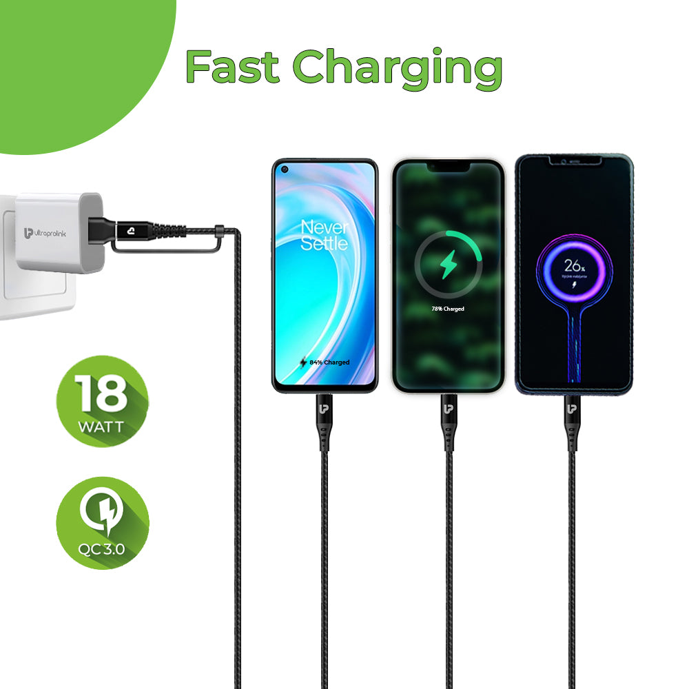 Trio Link+ 18W in Braided Fast Charging Cable UL1142BLK
