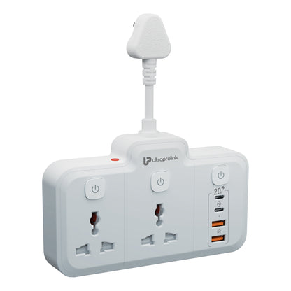White power strip with multiple outlets and USB ports on a white background