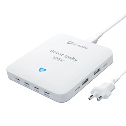 White electronic device with multiple ports and a plug on a white background