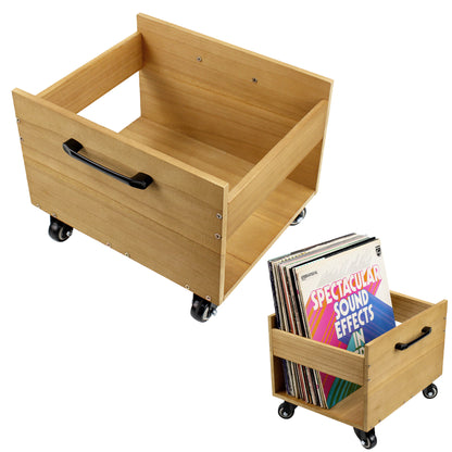 Wooden vinyl record storage crate on wheels for 12 inch LPs