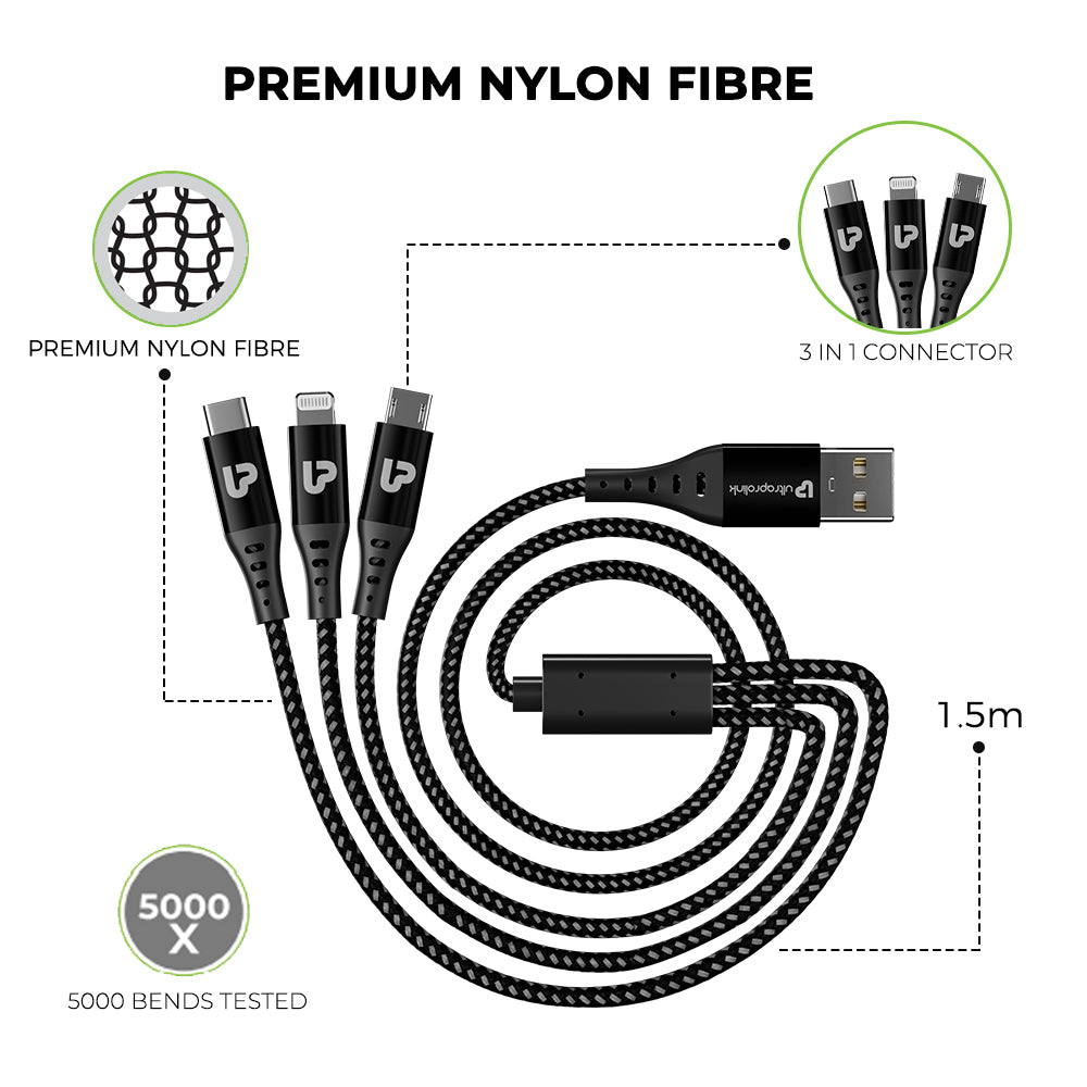 TrioLink 18 W 3in1 Fast Charging Cable (1.5m/Black) UL1098BLK0150