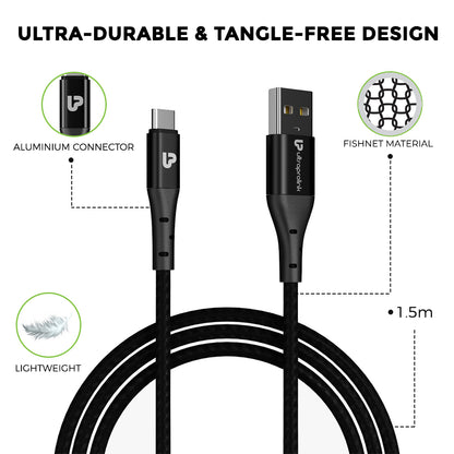 USB A- Type C Fast Charging Cable, Ultra durable & tangle free design