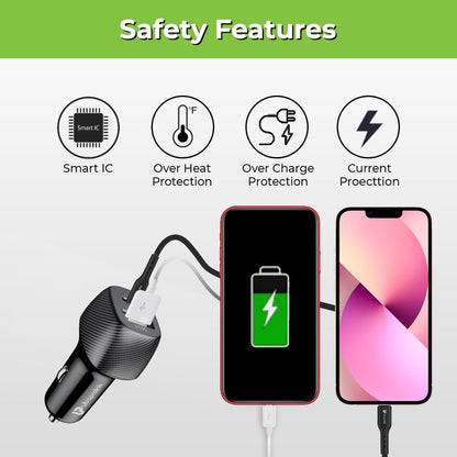 Car Charger With iPhone Cable & Safety features